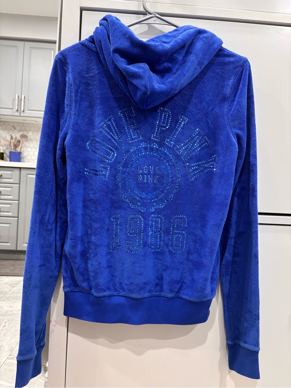 PINK Blue Velour Hoodie with Embellished Back